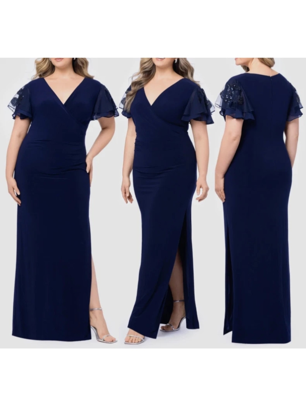 Betsy & Adam Navy V-Neck Maxi Gown with Flutter Sequin Sleeves